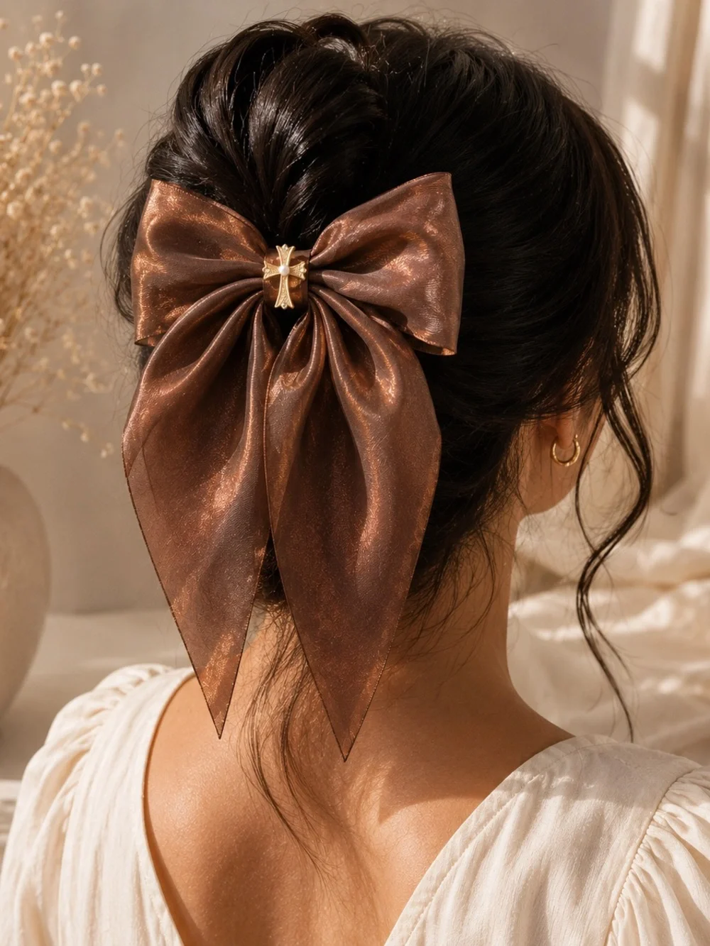 Shimmering Brown Bow Hair Clip with Gold Cross Accent